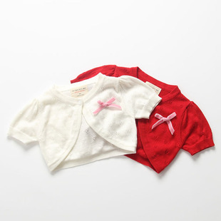 婴儿外套夏季薄款针织，开衫宝宝短袖坎肩，女童小披肩红色洋气外搭