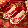 春秋古风中式秀禾服婚鞋平跟流苏红色古装新娘鞋绣花汉服婚鞋