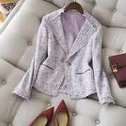 浪漫淡雅的春季色泽浅紫色小香风夹花外套修身显瘦西装女