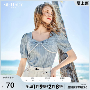 MEETLADY设计感小众方领雪纺衫女2023夏季新法式复古衬衫短袖上衣