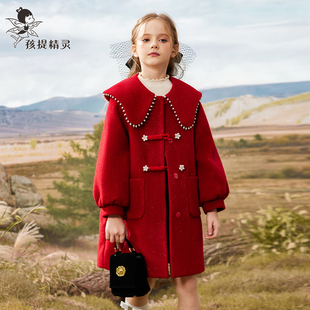 女童新年红色国风，毛呢外套秋冬洋气，儿童中长款加棉呢子大衣