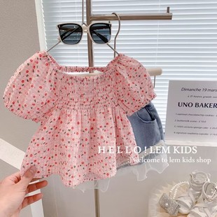 女宝宝甜美短袖，2024夏季女童韩版法式方领洋气小红花裙式上衣