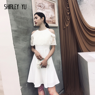 shirleyyu小礼服聚平时可穿镂空蕾丝女白色高端欧美露肩连衣裙