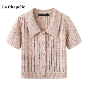 拉夏贝尔/La Chapelle夏季镂空翻领短袖针织衫女粉色开衫上衣