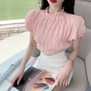 2022年夏季韩版珍珠半袖褶皱，雪纺衫纯色圆领，显瘦打底衫上衣女