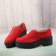 红色圆头羊绒皮全真，皮里松糕底女鞋子，防水台休闲深口单鞋x91-3