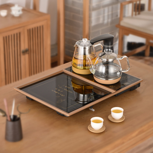 实木茶桌大理石乌金岩板茶台嵌入用烧水壶一体玻璃茶盘电磁炉家用