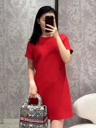 23秋冬中国红短袖，重磅高货丝羊毛圆领连衣裙，内里桑蚕丝a字裙