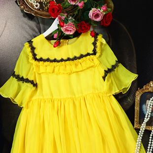 女童装夏装雪纺连衣裙荷叶，边蕾丝黄色，公主裙淑女甜美短袖裙子