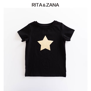 rita&zana女童儿童棉质金色，星星黑色t恤短袖搭coolblack时尚圆领