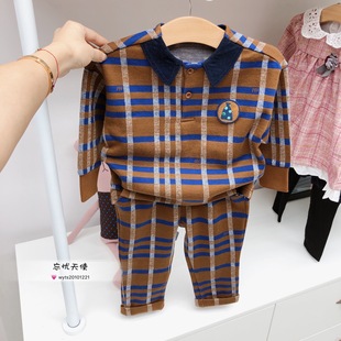 韩国中小童装 春男童宝宝棕色小翻领格子卫衣 休闲长裤套装