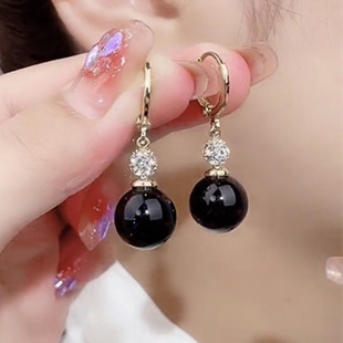 高级感黑珍珠耳环女韩国气质时尚轻奢复古耳扣耳坠耳饰小众设计感