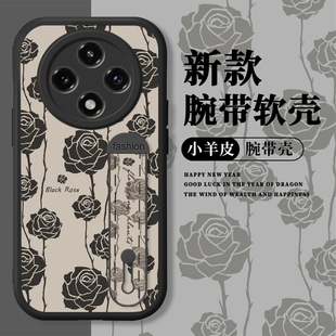 黑色玫瑰适用oppoa3pro手机壳a3pro0pp0小羊皮全包腕带支架防摔女款PJY110简约小清新可爱高级文艺复古套