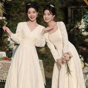 香槟色伴娘服2023冬季婚礼，长袖显瘦高级感姐妹，服伴娘团礼服裙