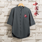 亚麻短袖衬衫男士中国风中式立领唐装上衣复古风潮流棉麻中袖t恤