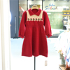 milibam韩国童装23冬女童中长款翻领红色裙针织毛线连衣裙