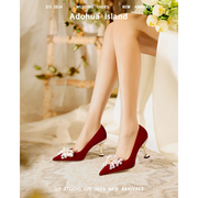 结婚鞋禾秀婚纱两穿孕妇红色，高级感小众，新娘鞋法式绝美闪钻高跟鞋