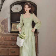 法式薄荷绿色碎花裙长袖连衣裙女2024夏季设计感小个子气质长裙潮