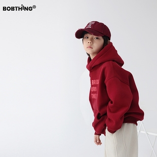 男童冬季一体绒连帽红卫衣，儿童加厚套头帽，衫外套年服潮童装打底衫