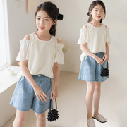 韩国童装女童短袖t恤纯棉，夏季中大童露肩上衣，儿童娃娃衫牛仔短裤