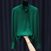 俏依芙欧货绿色缎面衬衫上衣，女装秋装百搭长袖，衬衣气质洋气小衫