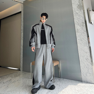 韩国休闲运动套装男小众撞色条纹设计感网红一身搭配长裤两件套潮