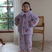 2023女童冬季加厚双层樱桃家居服儿童甜美加绒保暖睡衣可外穿套装
