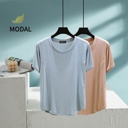 莫代尔女夏圆领短袖T恤修身显瘦内搭纯色简约打底衫外穿拼接上衣