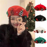 圣诞节礼物氛围感红色，贝雷帽子女冬季羊毛呢帽，保暖学生新年画家帽