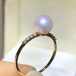 diy珍珠配件g18k黄金珍珠戒指，空托简单指环女款配7-10mm正圆珠