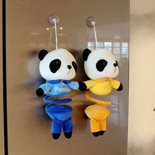 创意熊猫弹簧拉伸公仔玩偶背包挂饰品车载吸盘弹力绳挂件毛绒玩具