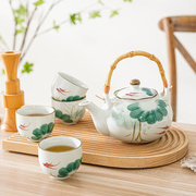 纯手绘釉下彩茶具套装高温陶瓷，大容量泡茶壶荷叶鱼茶壶茶杯子