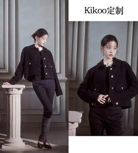 Kikoo定制张元英同款小香风法式黑色纯色翻领单排扣短款呢子外套