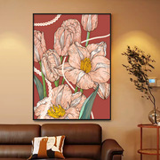 现代中古风粉色郁金香客厅玄关，装饰画背景墙壁画竖版简约花卉挂画