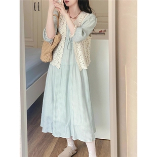 大码女装夏季套装2023韩系高级感镂空开衫蓝色连衣裙两件套