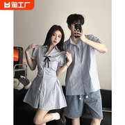 小众设计感情侣装夏季韩版短袖衬衫男女连衣裙法式一裙一衣ins潮