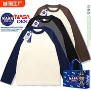 nasa联名美式秋冬长袖纯棉t恤打底衫女士圆领潮流拼色上衣服