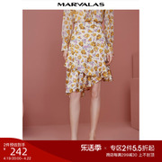 曼德诗不规则半身裙2024春季黄玫瑰印花设计感浪漫少女感中裙