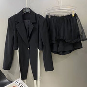 特0MB.小众设计黑色翻领短款西装外套高腰时尚百搭裙套装
