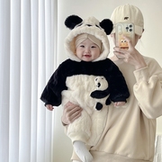 超萌新生儿秋冬装婴儿连体衣宝宝加绒加厚小熊猫毛绒连帽爬服