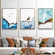 纯手绘现代简约抽象金箔小鹿立体三联组合有框客厅沙发装饰油画