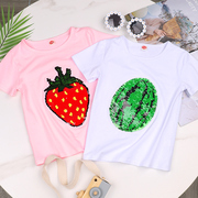 女童夏季薄款西瓜草莓t恤儿童，双面变色亮片短袖2024童装大童半袖
