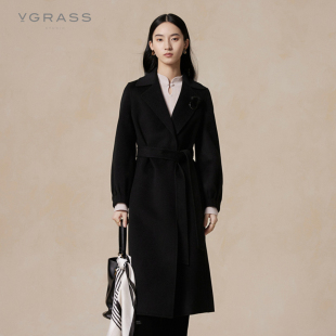 100%绵羊毛VGRASS经典墨黑色纯羊毛大衣冬奢想质感
