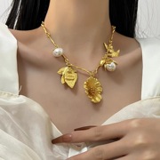 法式复古金色花瓣珍珠吊坠项链中古气质短链树叶小鸟多元素毛衣链