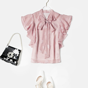 气质甜美荷叶边飞袖粉色雪纺衫女短袖衬衫小衫夏季F868