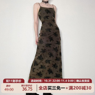 amyway暗黑高感vintage花朵，印花网纱拼接吊带连衣裙小众修身长裙