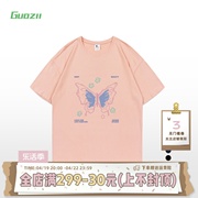 guozii蝴蝶结印花粉色，短袖t恤女小个子oversize宽松纯棉，休闲体恤