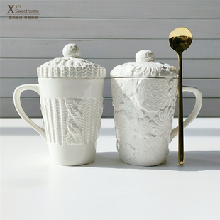 可爱蕾丝毛线浮雕陶瓷杯创意，马克杯带盖杯子，牛奶杯高杯带勺水杯