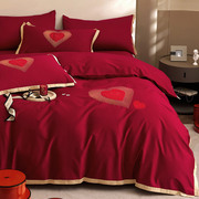 现代风浪漫婚庆100支全棉，贡缎四件套刺绣大红色结婚被套床上用品