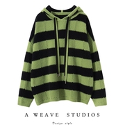 100%纯羊绒复古绿色，条纹连帽毛衣女冬宽松慵懒风套头长款针织衫